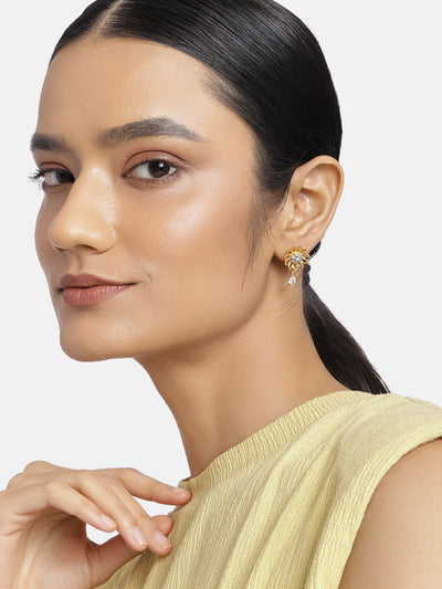 Estele Gold Plated American Diamond Flower Petal Drop Earrings for Women