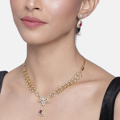 ESTELE - Gold plated Paisley crush Necklace with American diamond and cz ruby