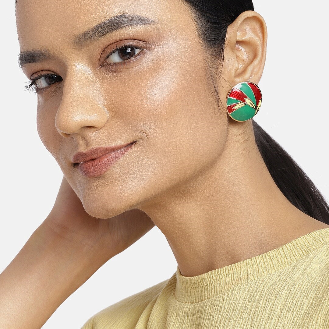Estele Gold Tone Designer Green passion enamel Stud Earrings for women