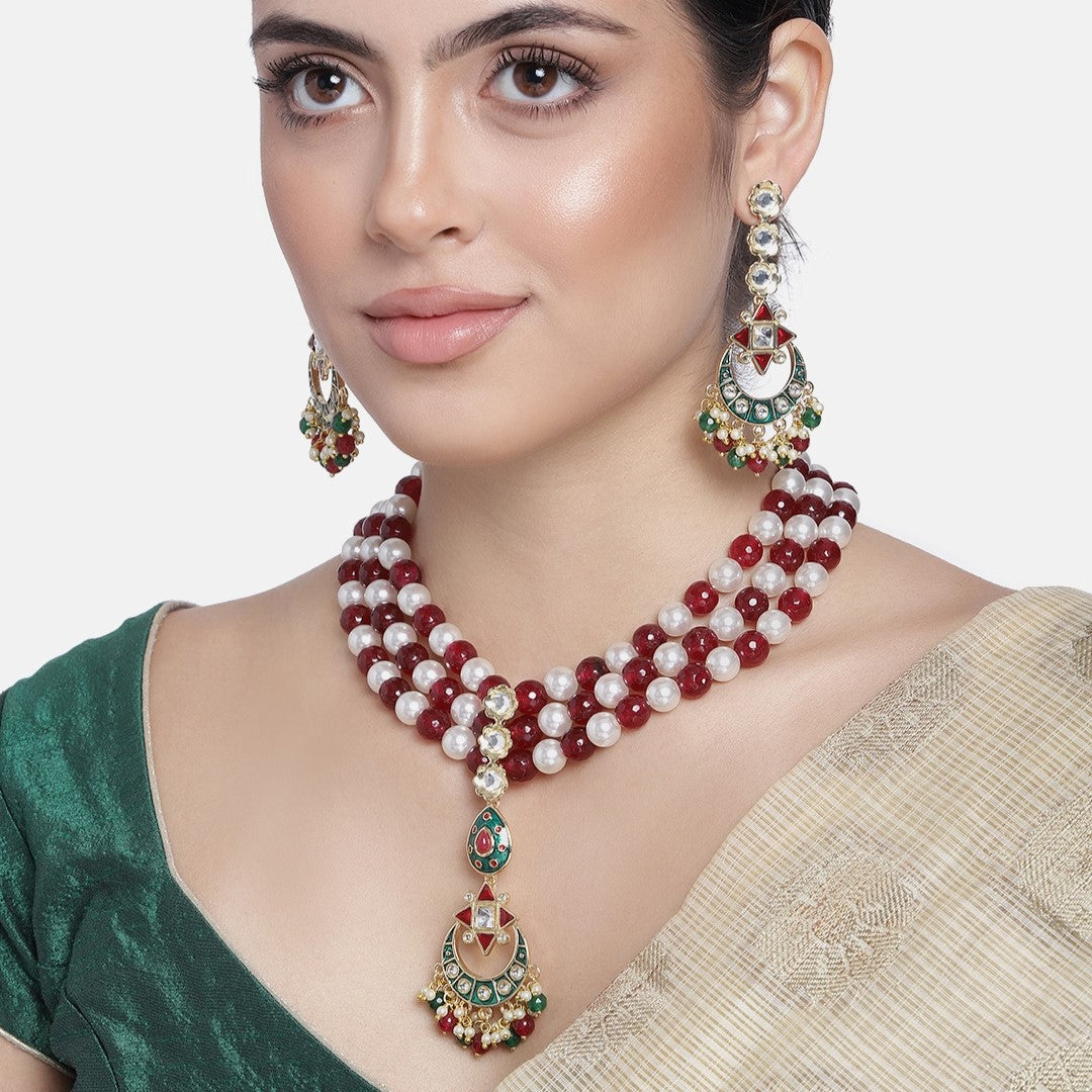 Traditional Kundan and Ruby and white Pearls Necklace Set Estele