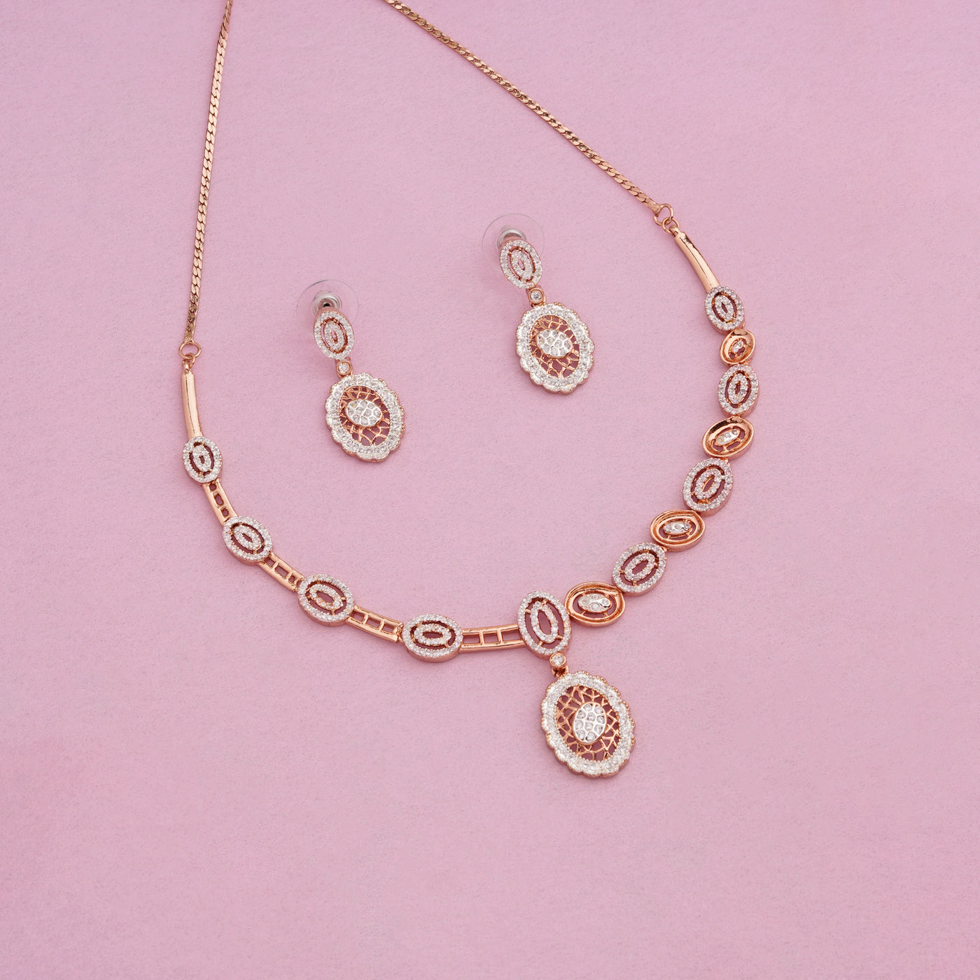 Estele Rose Gold Plated CZ Attractive Elliptical Designer Necklace Set for Women