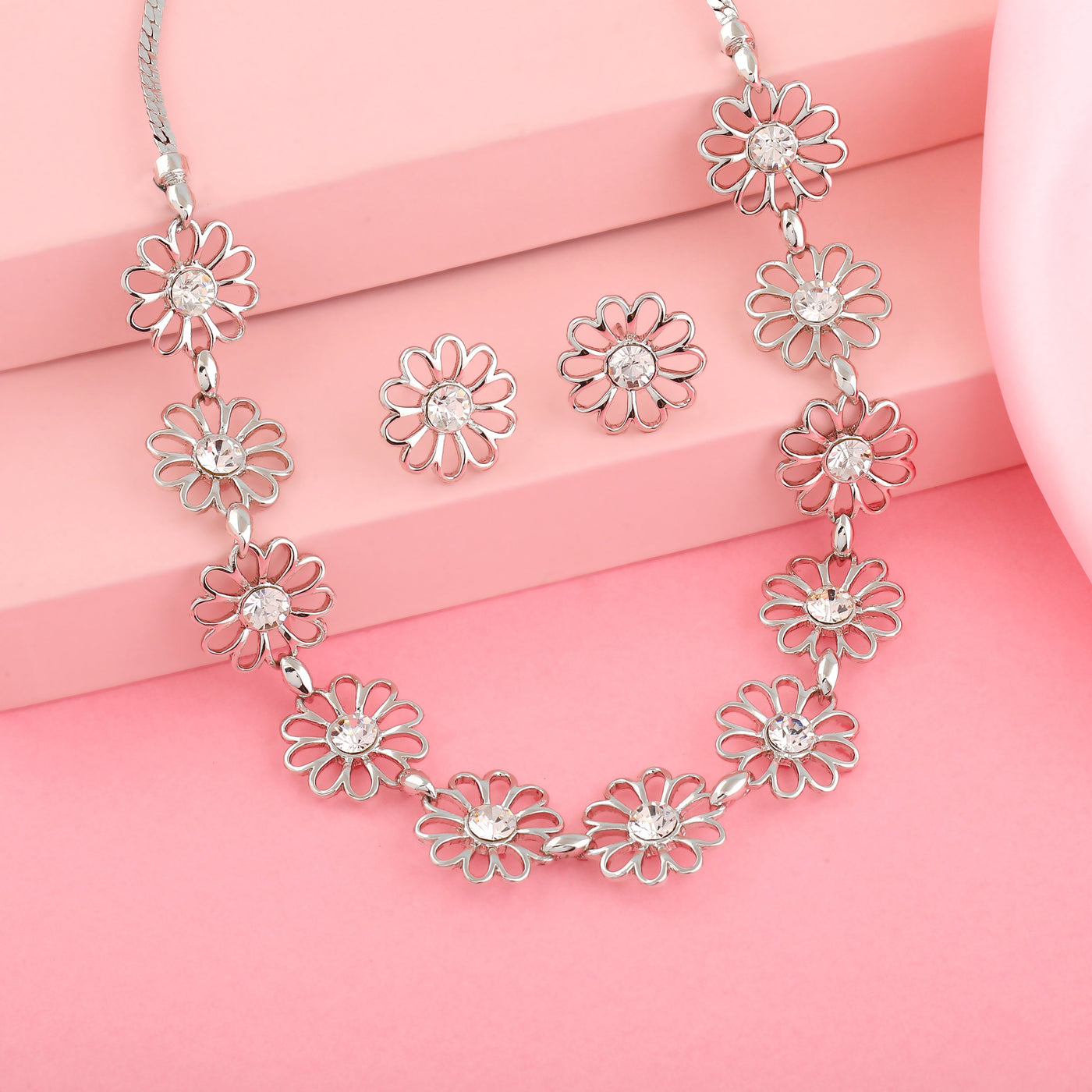 Estele Rhodium Plated Flower Designer Necklace Set with Crystals for Women