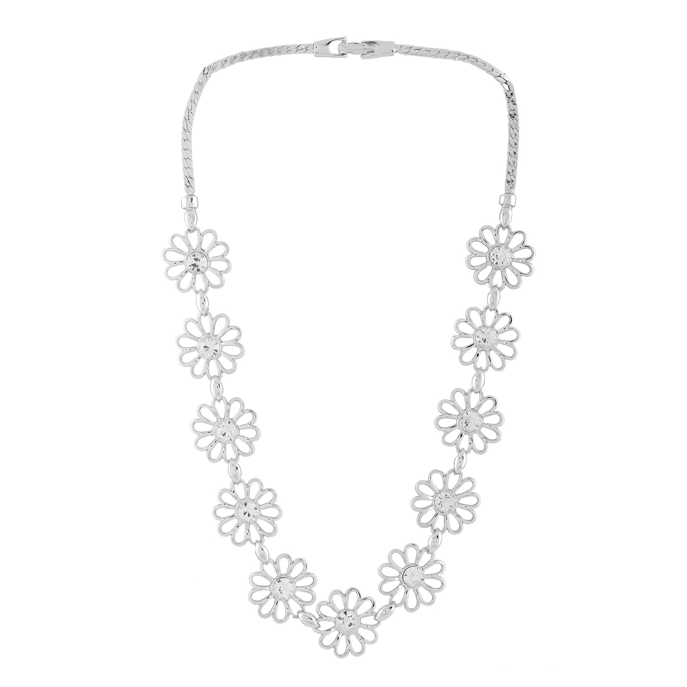 Estele Rhodium Plated Flower Designer Necklace Set with Crystals for Women
