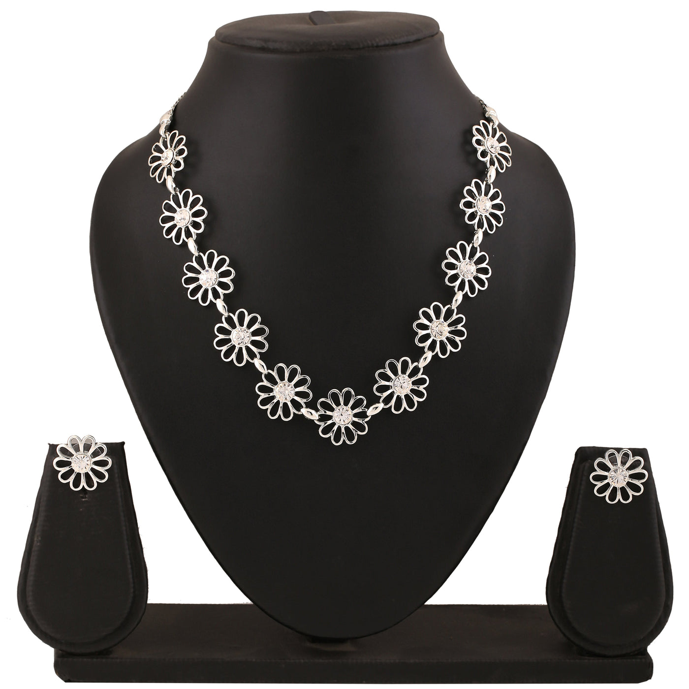 Estele Rhodium Plated Flower Designer Necklace Set with Crystals for Women