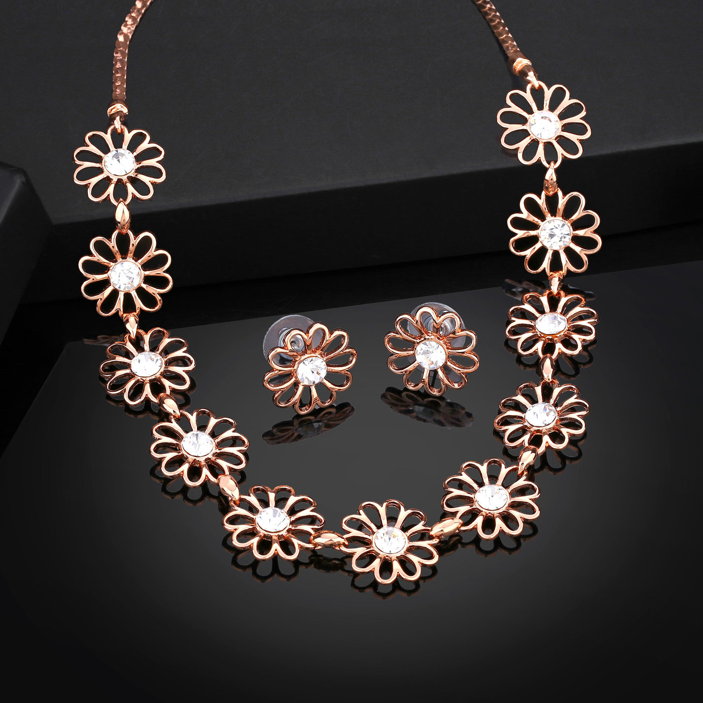 Estele Rose Gold Plated Flower Designer Necklace Set with Crystals for Women