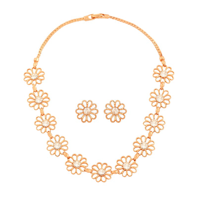 Estele Rose Gold Plated Flower Designer Necklace Set with Crystals for Women