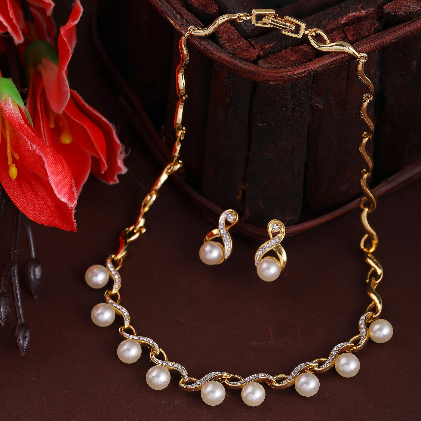 Estele Gold Plated Pearl Drop Necklace Set