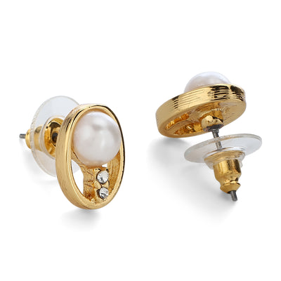 Gold Tone Plated Ovel Shaped Pearl Stud Earrings