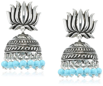 Estele Valentines Day Gift For Her - Oxidized Silver Tone Plated Lotus Shape Jhumka Earrings(WHITE & BLUE)