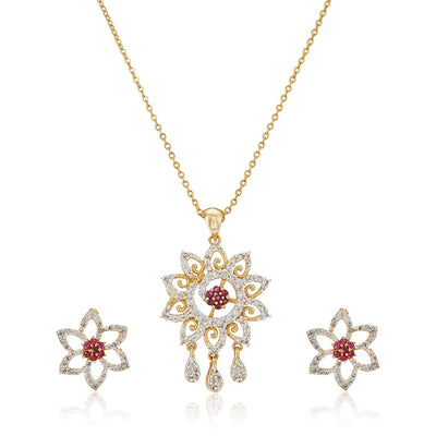 Estele American Diamond CZ Traditional Jewellery Set Pendant Earrings with Chain for Women