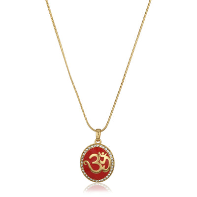 Estele - Red Enamel Gold Plated OM Pendant with Chain