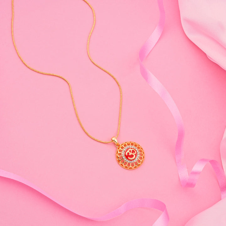 Red Enamel Om Pendant Chain with Austrian Crystals