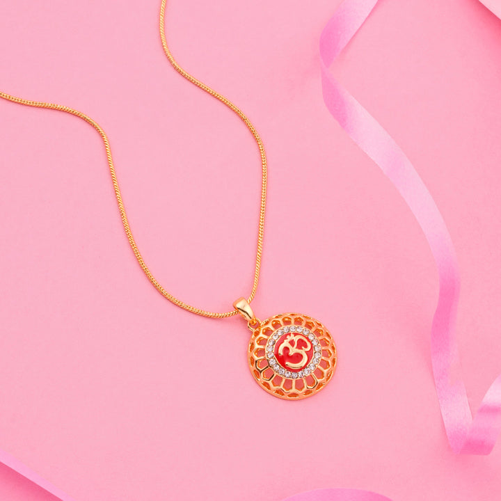 Red Enamel Om Pendant Chain with Austrian Crystals