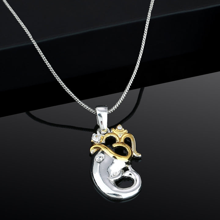 Estele Rhodium Plated Om Pendant with Austrian Crystals for Women