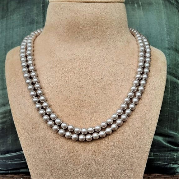 Estele Gold Plated Sparkling Grey Double Line Pearl Necklace for Women