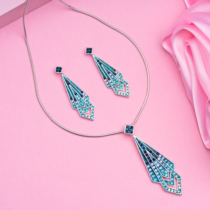 Estele Rhodium Plated Blue Tie Chain Necklaces