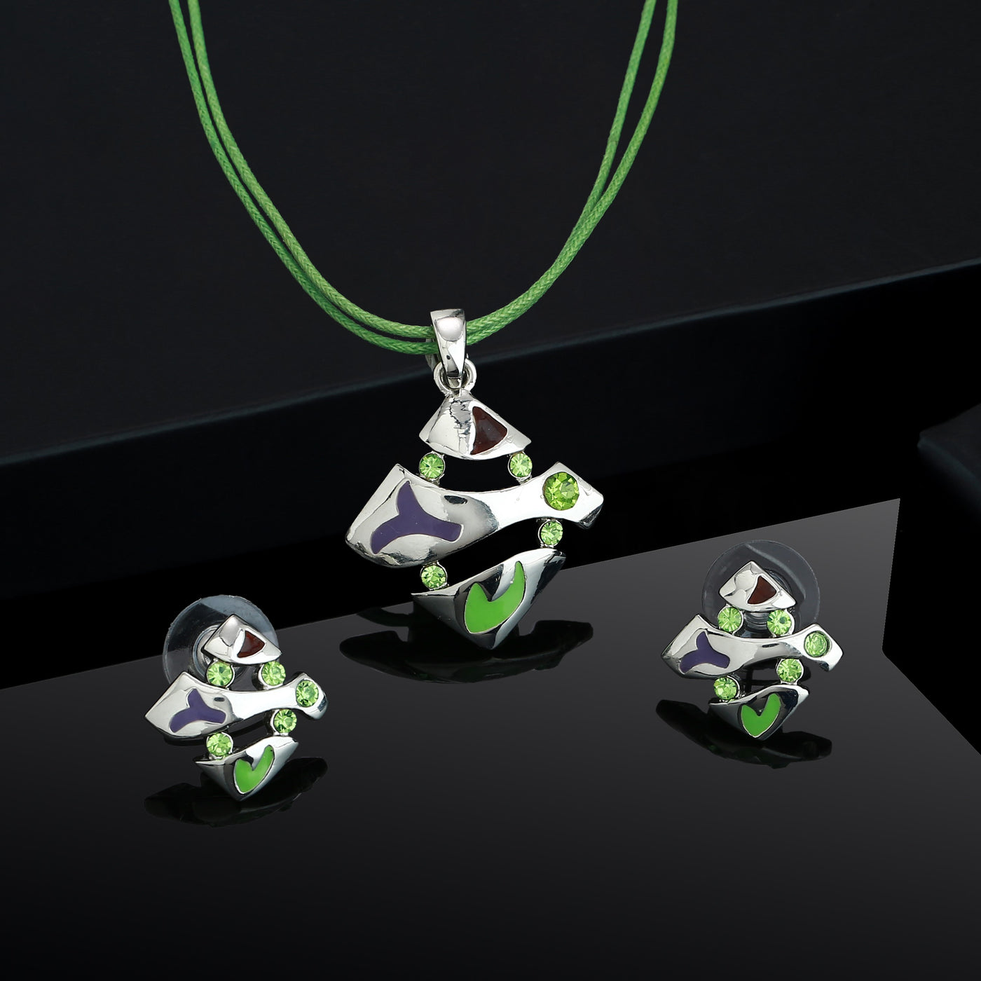 Estele Silver Tone Square Shape with Enamel and Crystal Necklace Set for Women