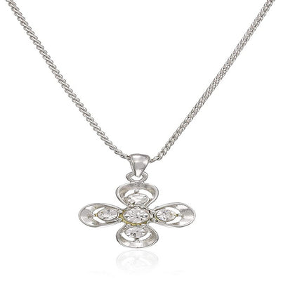 Estele rhodium plated four petal white stone studded pendant for women