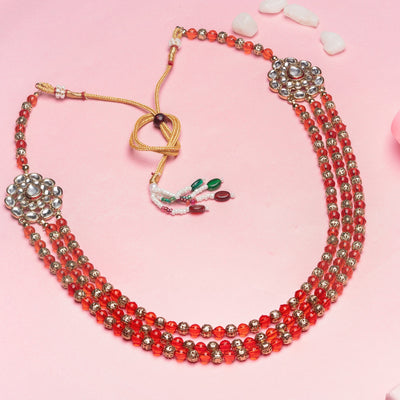 Estele - 24 kt Red Stones and White Pearls 3 layer Haar with Jadau