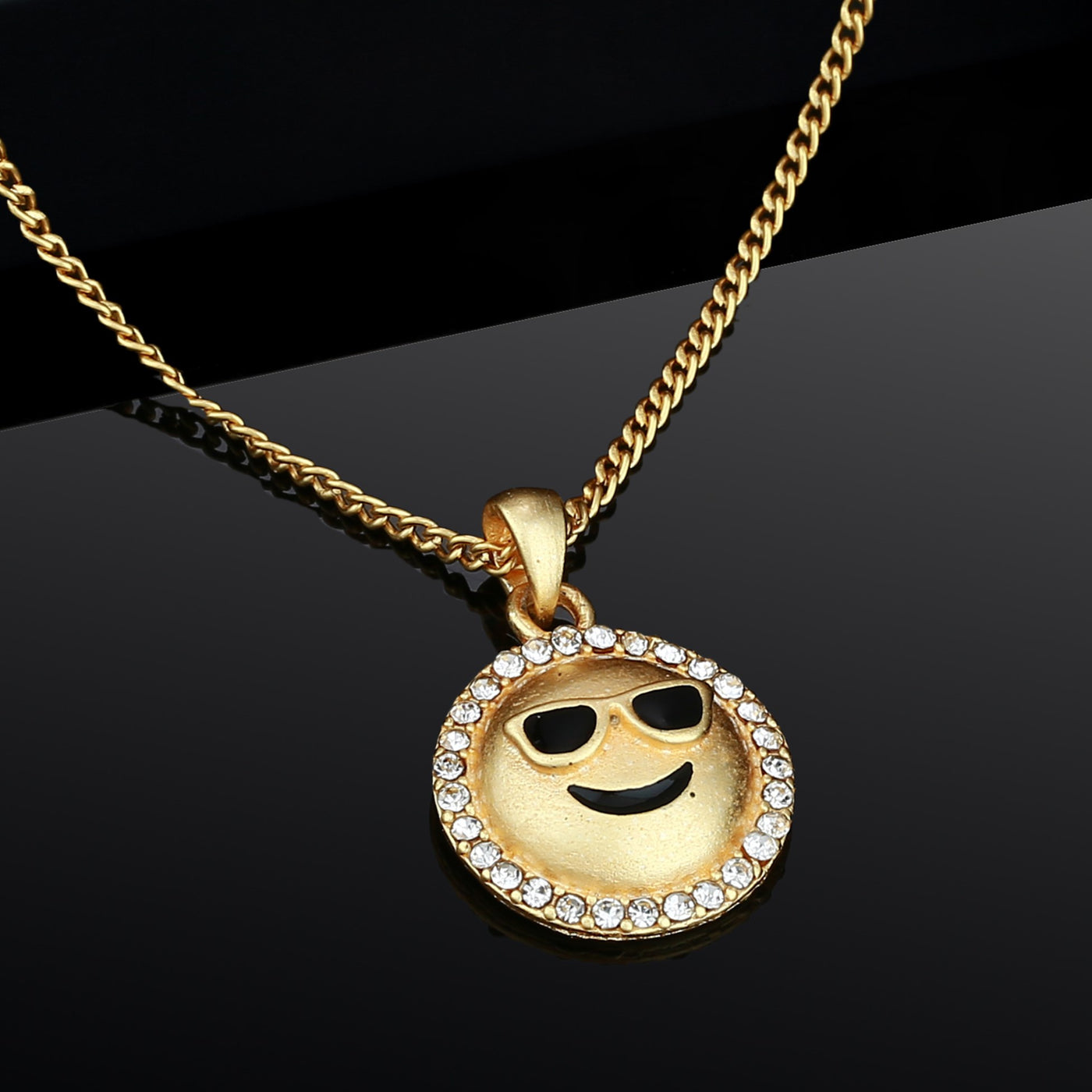 Estele - Gold Plated Cool Smiley Face Emoji Pendant with Austrian Crystals for Women / Girls