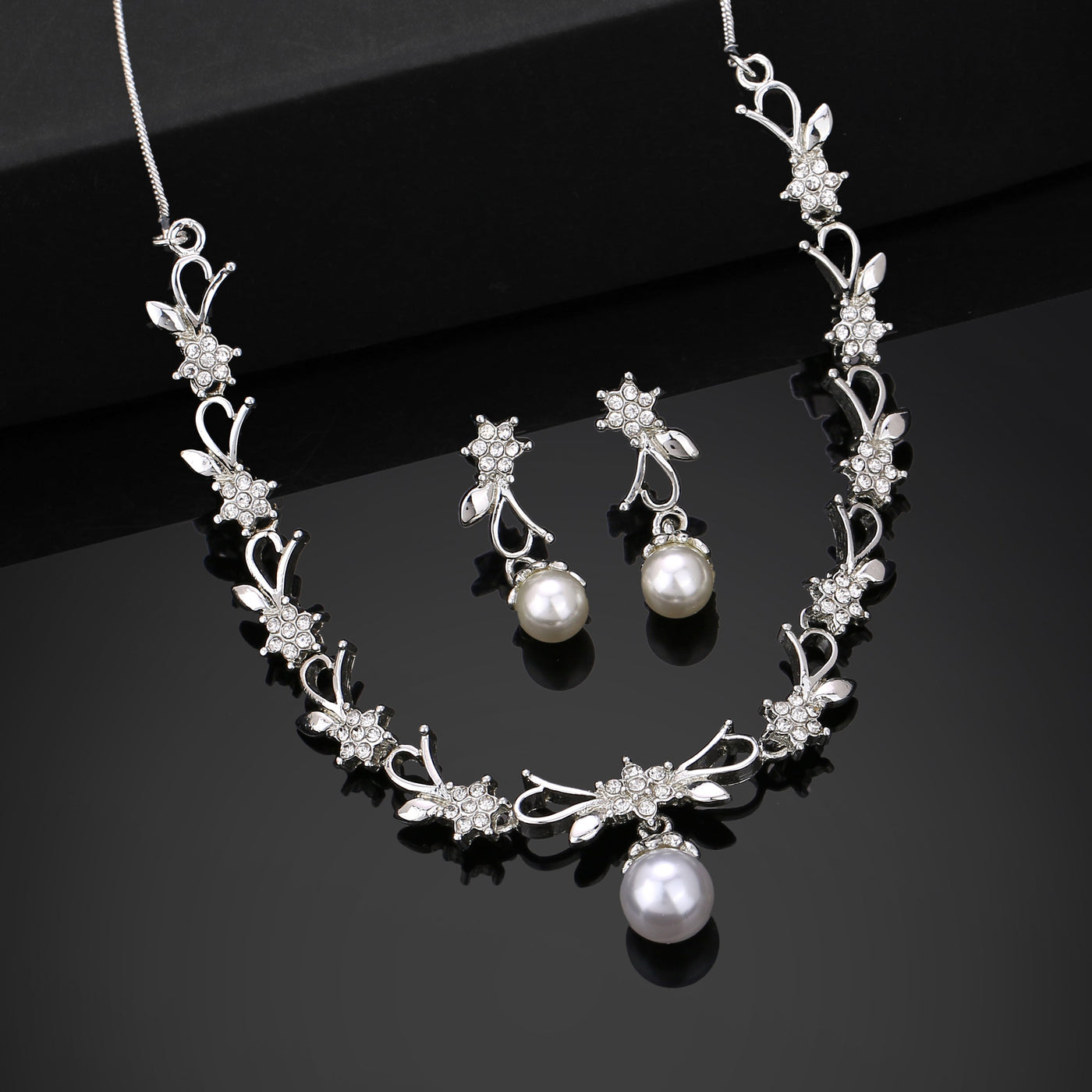 Estele Rhodium Gold Plated Elegant Blossom Designer Necklace Set with Pearl for Women