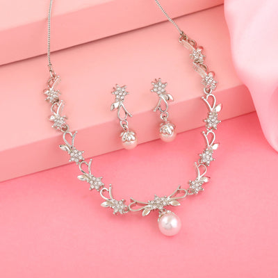 Estele Rhodium Gold Plated Elegant Blossom Designer Necklace Set with Pearl for Women