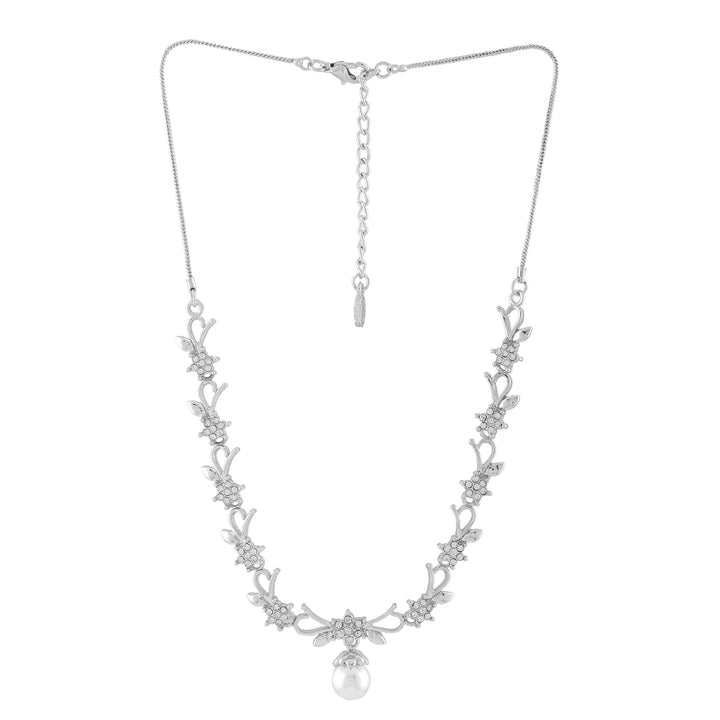 Estele Rhodium Gold Plated Elegant Blossom Designer Necklace Set with Pearl for Women