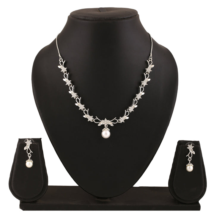 Estele Rhodium Gold Plated Elegant Blossom Designer Necklace Set with Pearl for Women