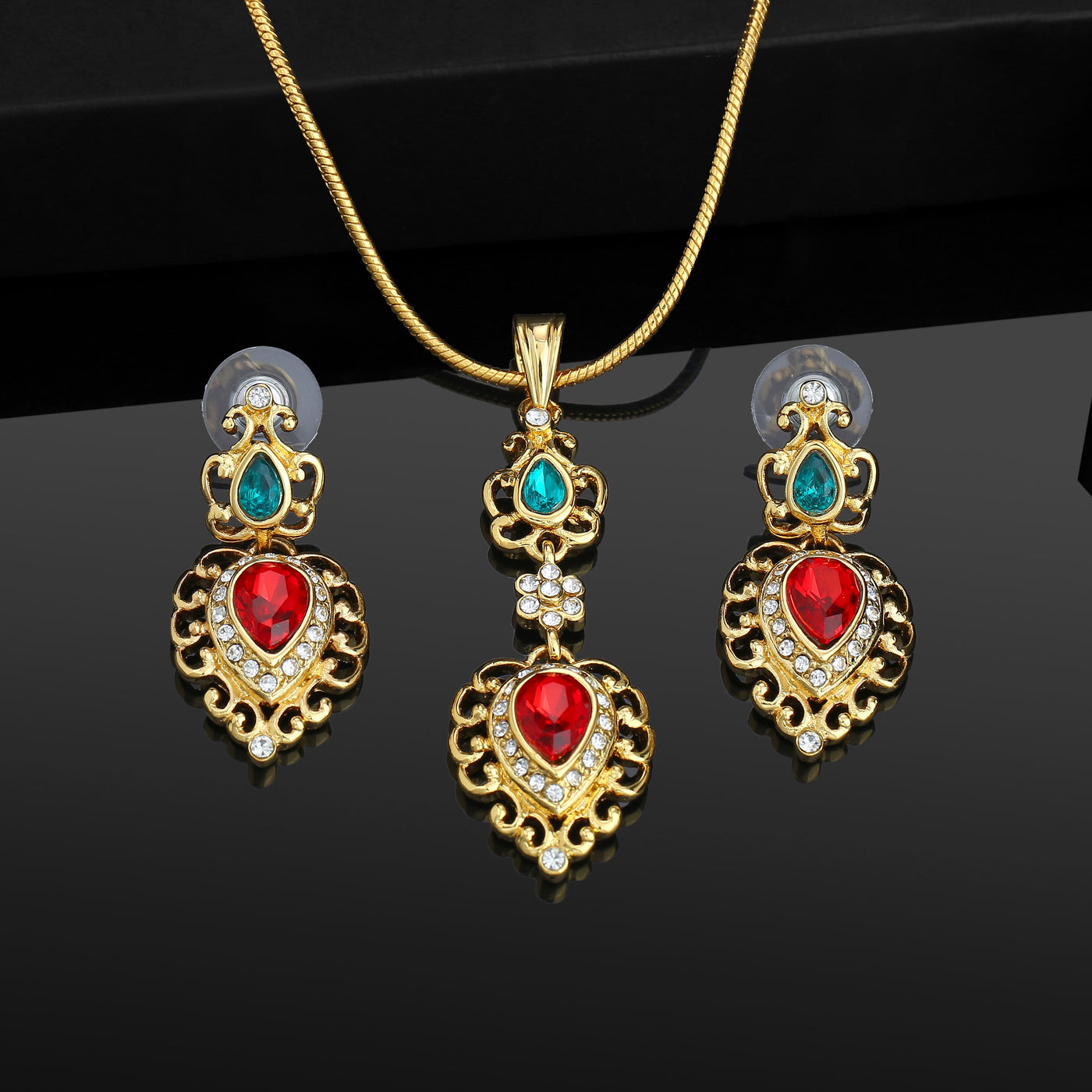 Estele -gold plated Stunning Ruby and Emerald stone pendant Set for Women