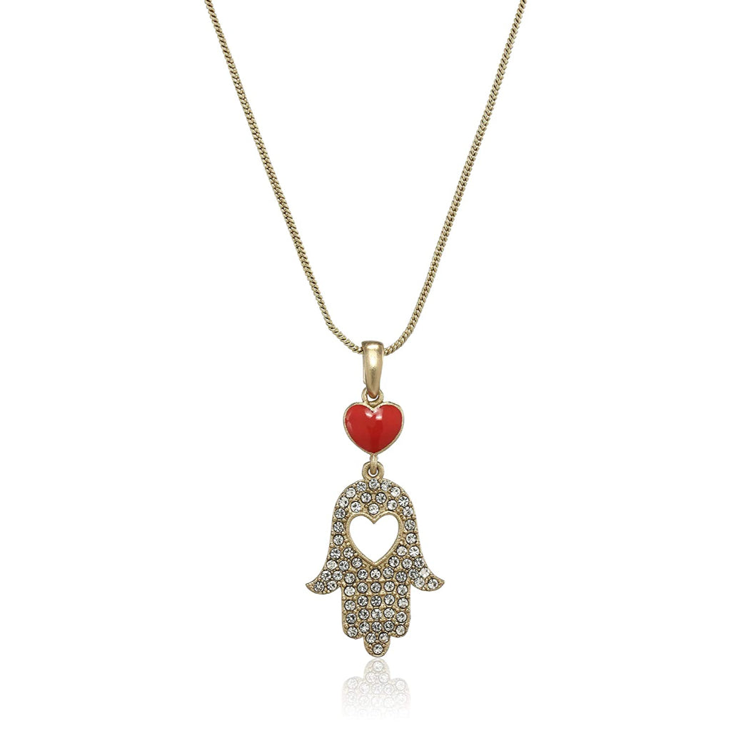 Estele gold plated white stone studded palm pendant with red heart for women