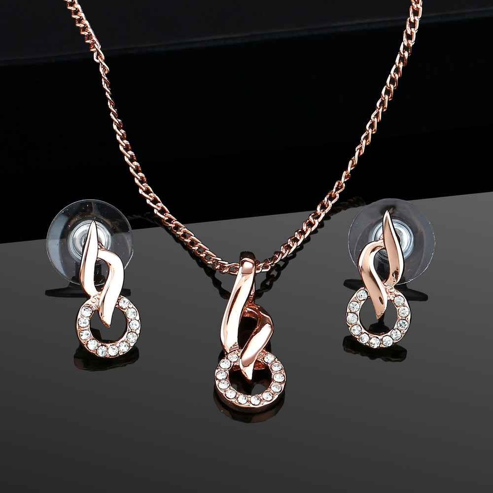Estele Rosegold Plating Austrian Crystal Flame Ring Shaped Pendant Necklace Set for Women Girls
