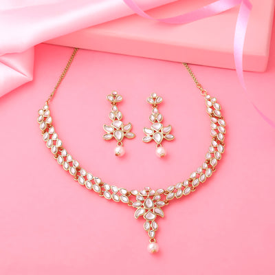 Estele 24 Kt Gold Plated Delicate Kundan Necklace set with Pearl Drop for Women