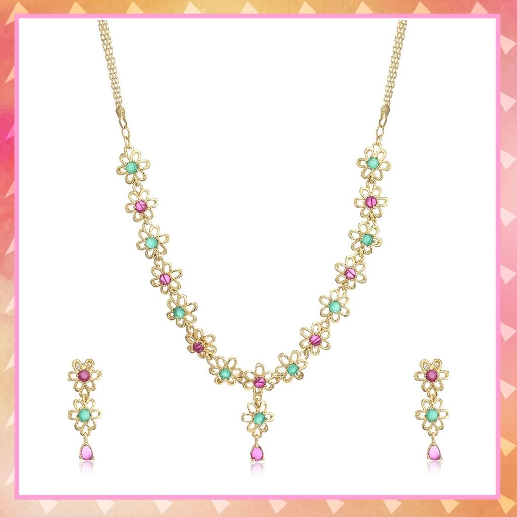 Estele - 24 Kt Floral emerald and ruby stones necklace set