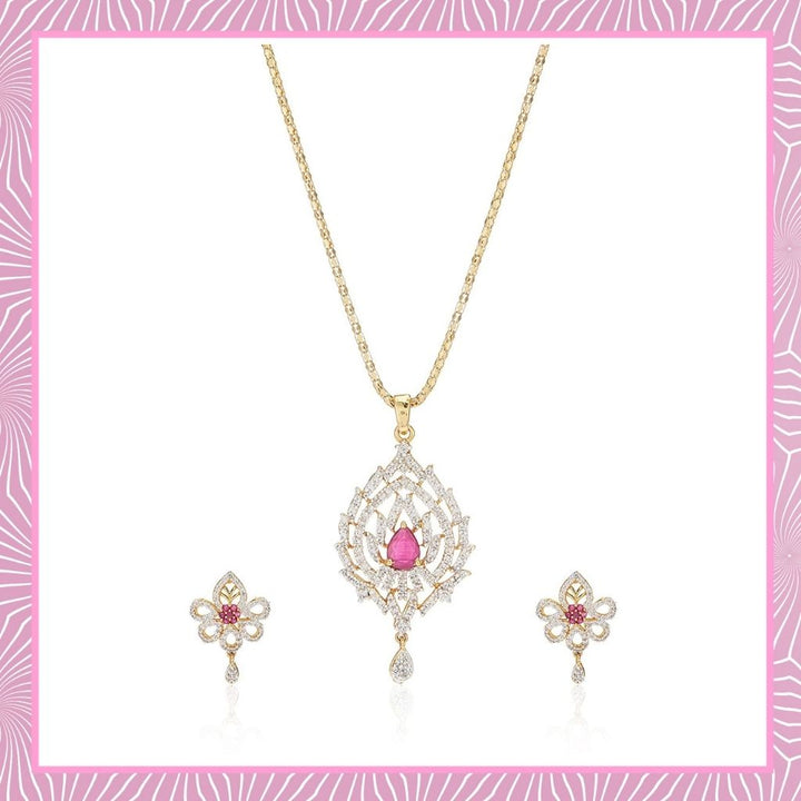Estele Gold Plated Ruby and American Diamond Pendant Set for Women