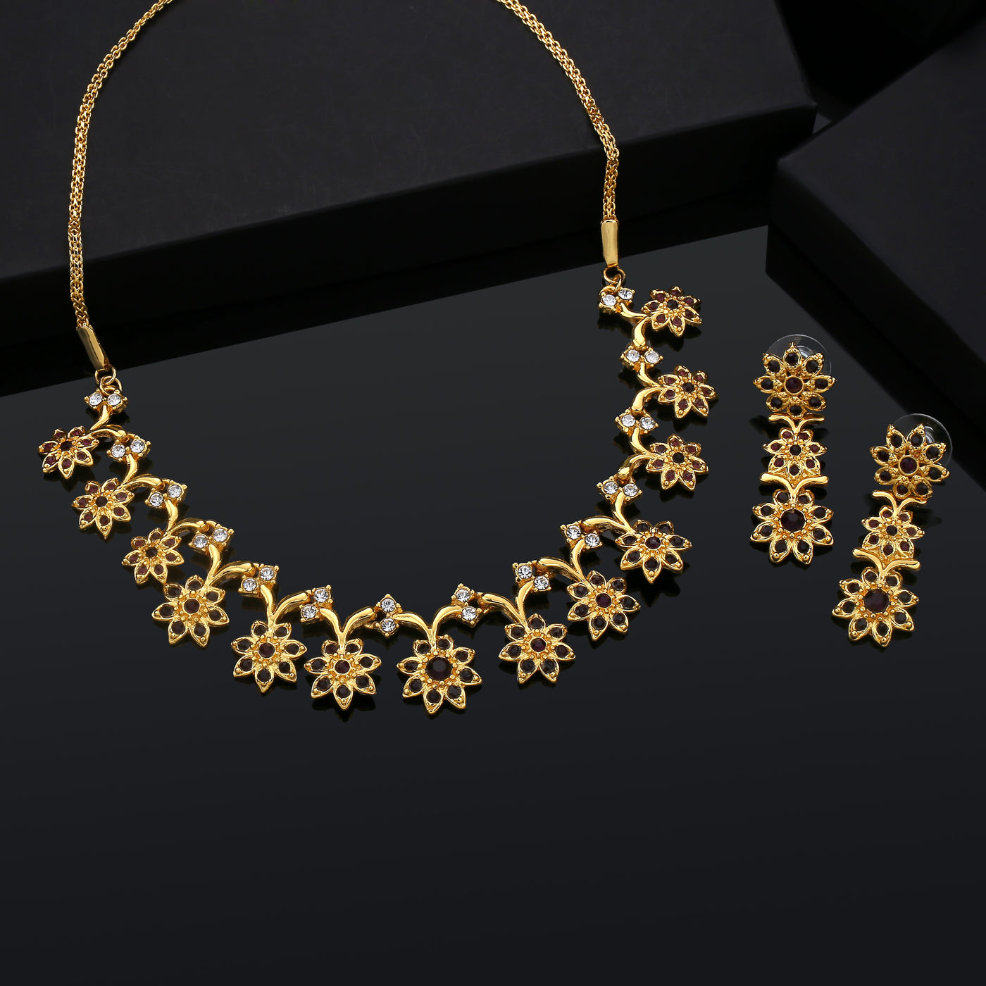 Estele 24 Kt Gold Plated Flower linked with Austrain Crystal Necklace Set for Women