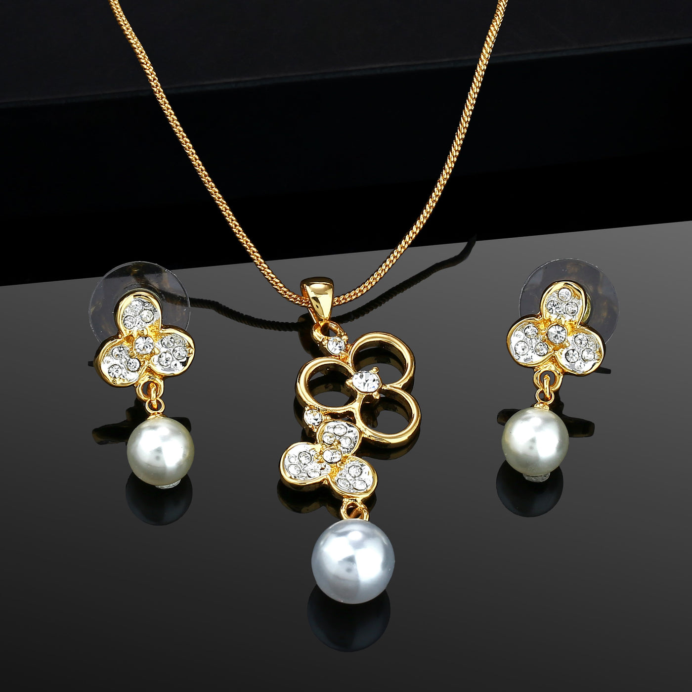 Estele 24 KT Gold Plated Pendant Set with Austrian Crystals and Pearl Drop for Women / Girls