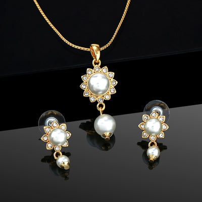 Estele Gold Plated Trendy and Fancy Flower Pearl with Austrian Crystal Pendant Set for Women / Girls