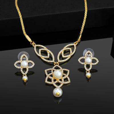 Estele - 24 CT gold Plated Flower American Diamond Pendant Set for Women
