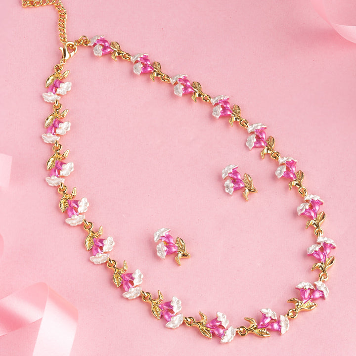 Estele Gold Plated Floral Necklace set with Pink Enamel for Women