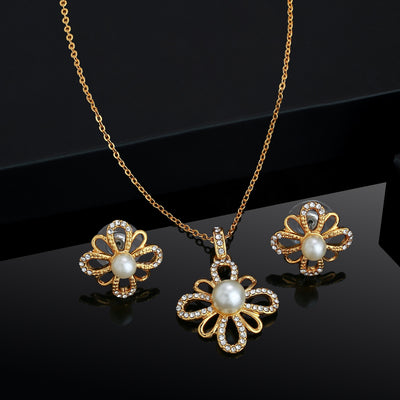 Estele Gold Plated Flower shaped encrusted with Pearl Pendant Set for Women