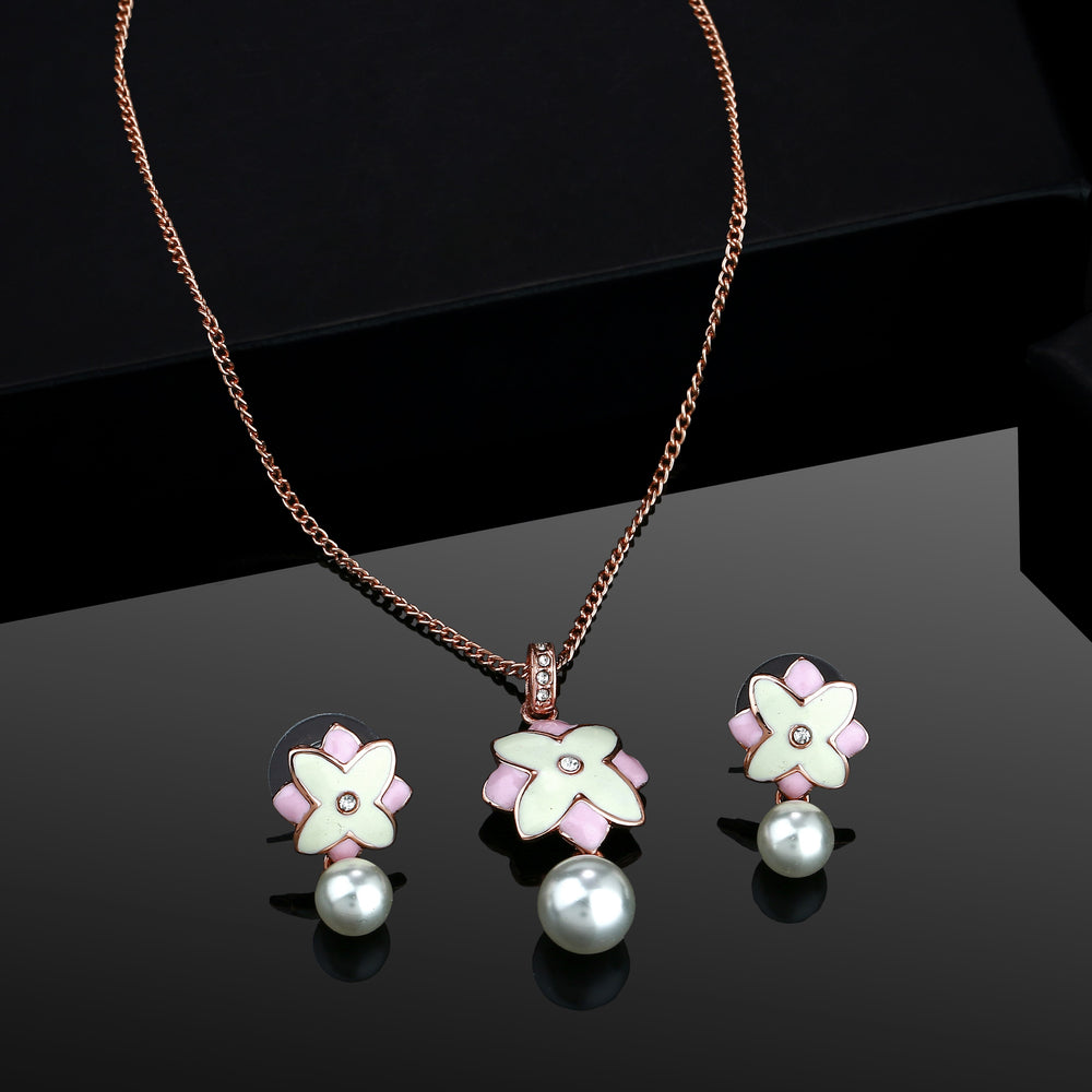 Estele Charming Rosegold Plated Floral Shaped Pearl Drop Pendant Necklace  Set for Girls Women