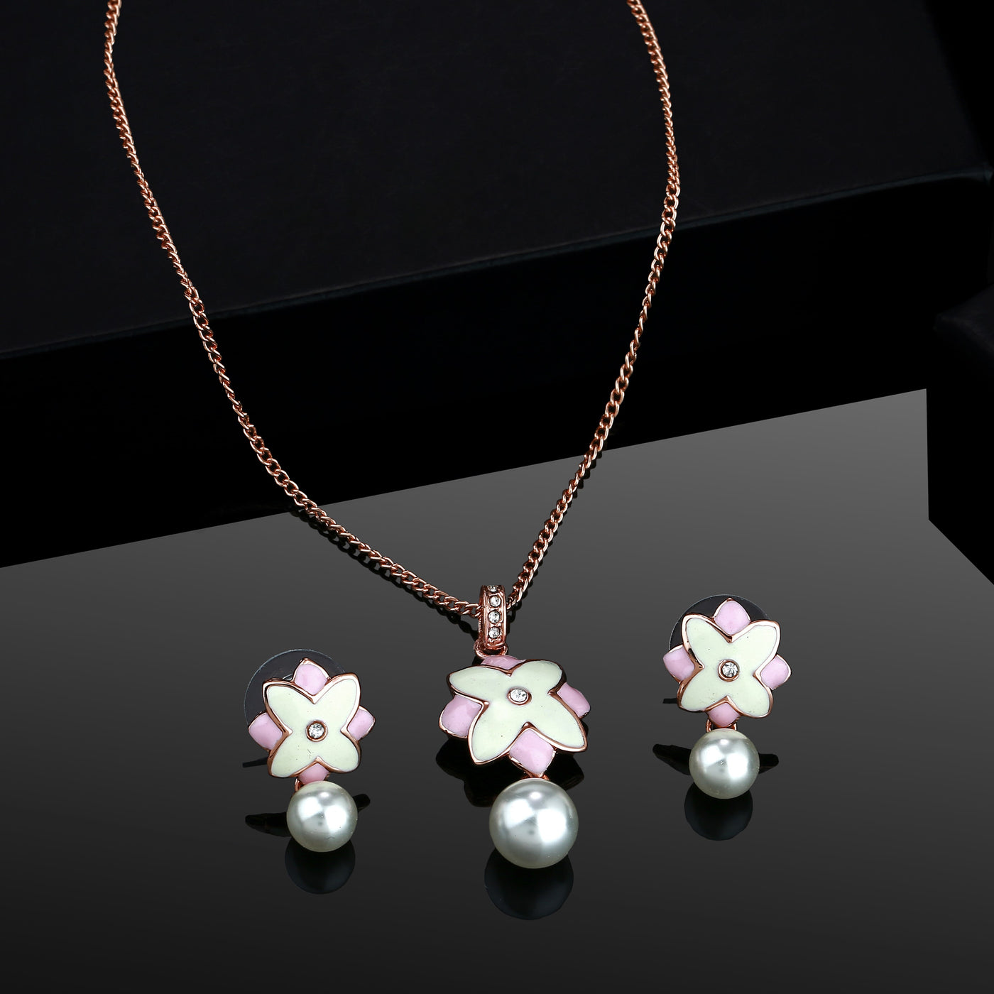 Estele Charming Rosegold Plated Floral Shaped Pearl Drop Pendant Set for Women / Girls