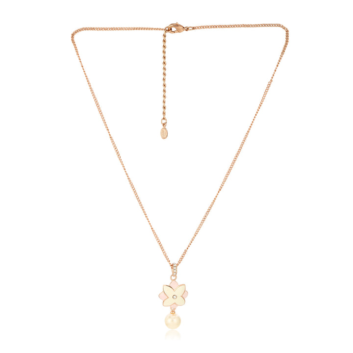 Estele Charming Rosegold Plated Floral Shaped Pearl Drop Pendant Set for Women / Girls