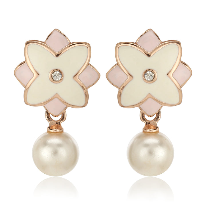 Estele Charming Rosegold Plated Floral Shaped Pearl Drop Pendant Set for Women / Girls