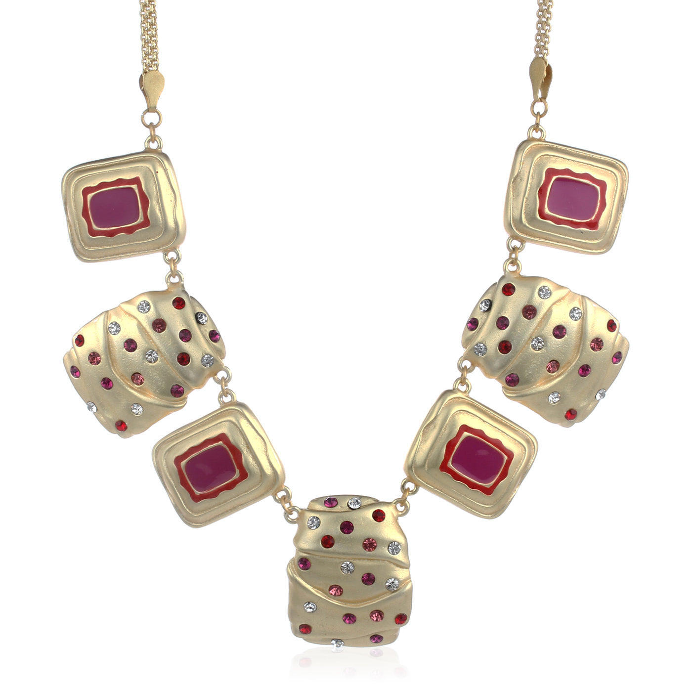 Satin Matt Imitation Gold Tone Plated Pink Enamel Necklace Set