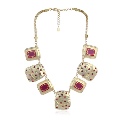 Satin Matt Imitation Gold Tone Plated Pink Enamel Necklace Set