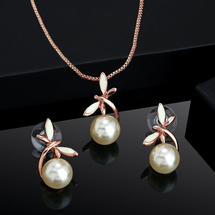 Estele Rose Gold Plated Lovely Pendent Set with Pearl & Enamel for Women