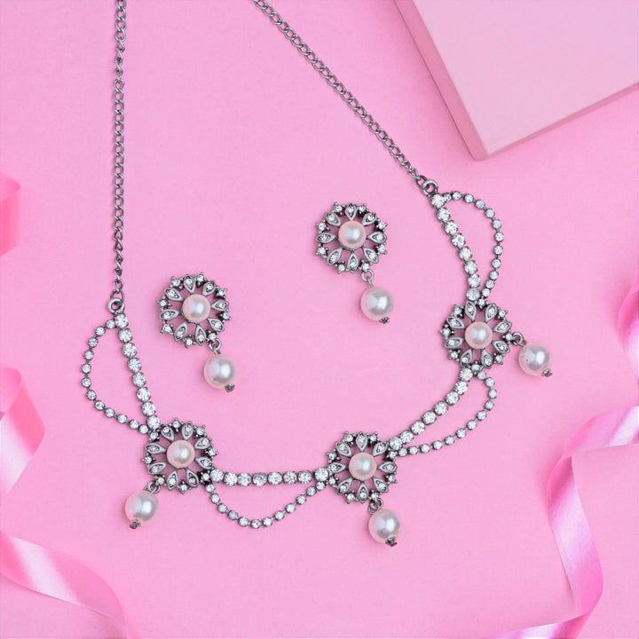 Estele Rhodium Plated Trendy CZ Diamond Designer Necklace Set for Women