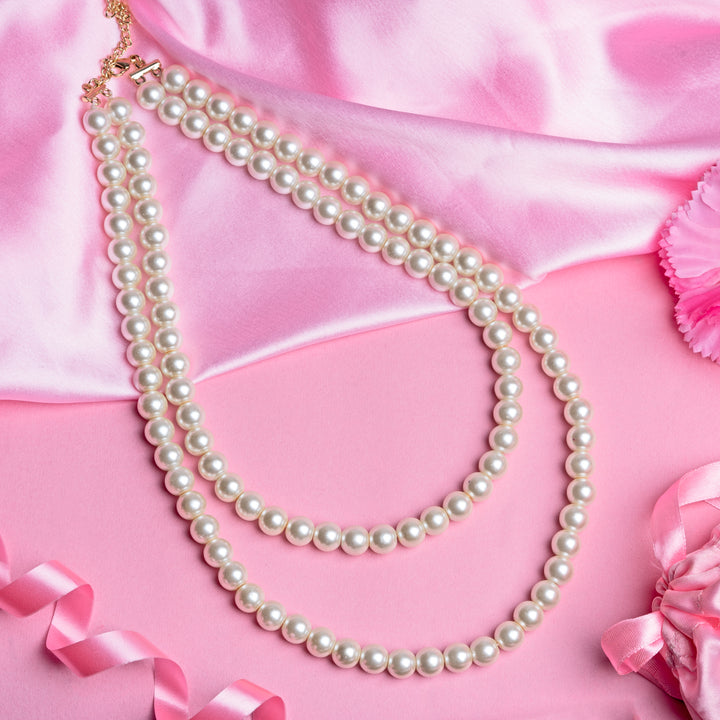Estele Gold Plated- Two Line White Flux Pearl Necklace for Women