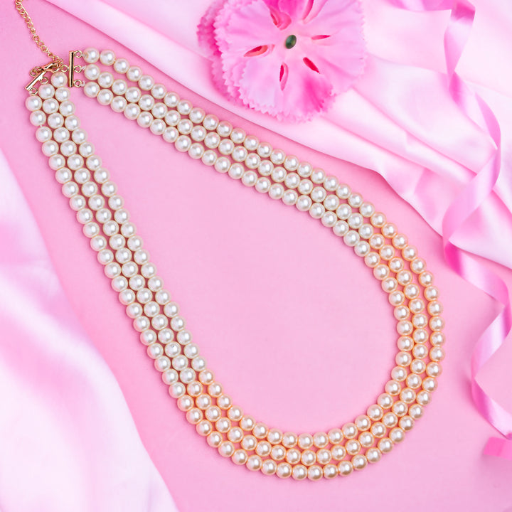 Estele Gold Plated Shinning White & Orange Three Line Pearl Necklace for Women